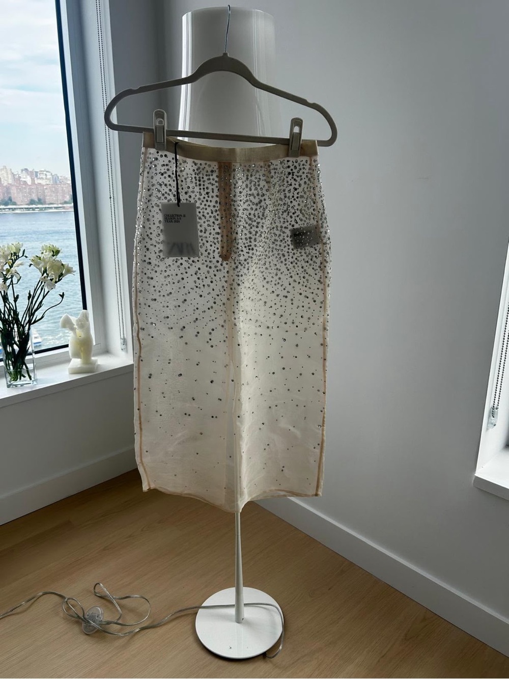 Zara Ivory Beaded Midi Skirt with Sheer Overlay